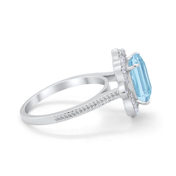 Halo Emerald Cut Engagement Ring Simulated Aquamarine CZ 925 Sterling Silver